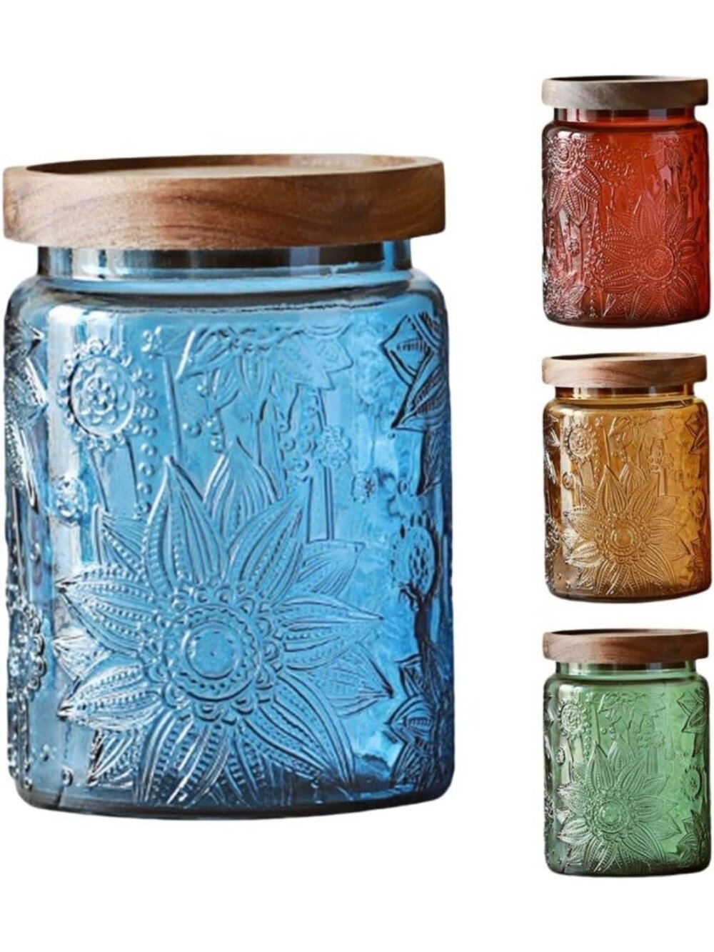 Set of 4 Vintage Glass Canisters with Wooden Lids - Sunflower Design, 23.7oz
